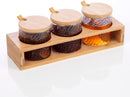 Homiu Spice Jar Set Round 3 Pack Clear Frosted Glass Pots with Bamboo Lids, Spoons and Stand