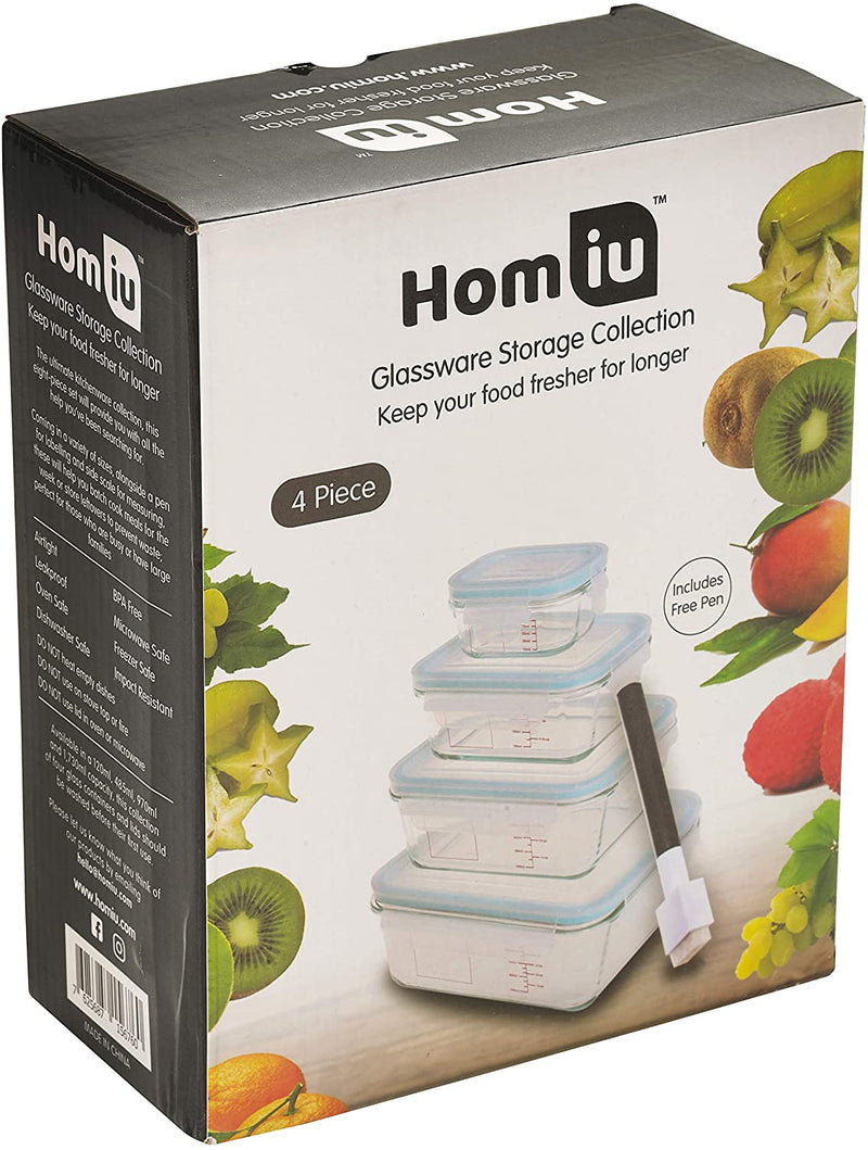Homiu - 4pcs Glass container with scale, lid & pen