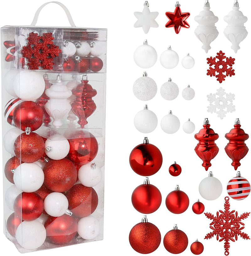 RN'D Christmas Snowflake Ball Ornaments - Christmas Hanging Snowflake and Ball Ornament Assortment Set with Hooks - 76 Ornaments and Hooks (Red & White)