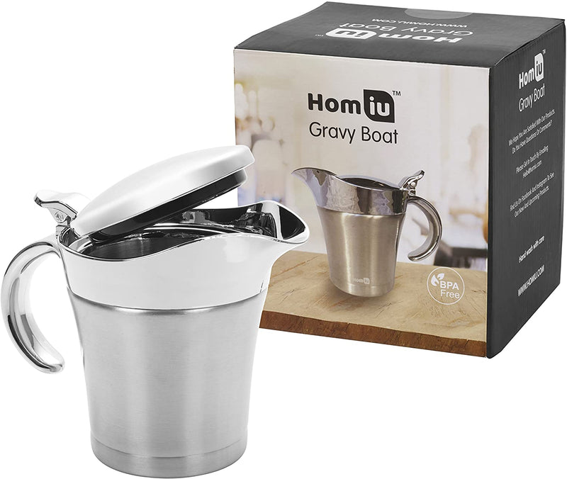 Homiu Gravy Boat Stainless Steel Double Insulated Hinged 500ML Jug Sauce Home