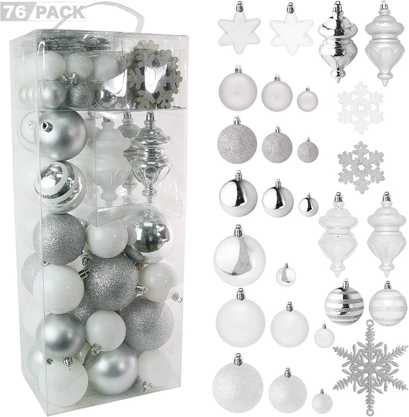 RN'D Christmas Snowflake Ball Ornaments - Christmas Hanging Silver and White Snowflake and Ball Ornament Assortment Set with Hooks