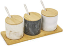 Homiu Spice Jar Set Round 3 Pack Black and Two White Marble Pots with Bamboo Lids Holder and Ceramic Spoons