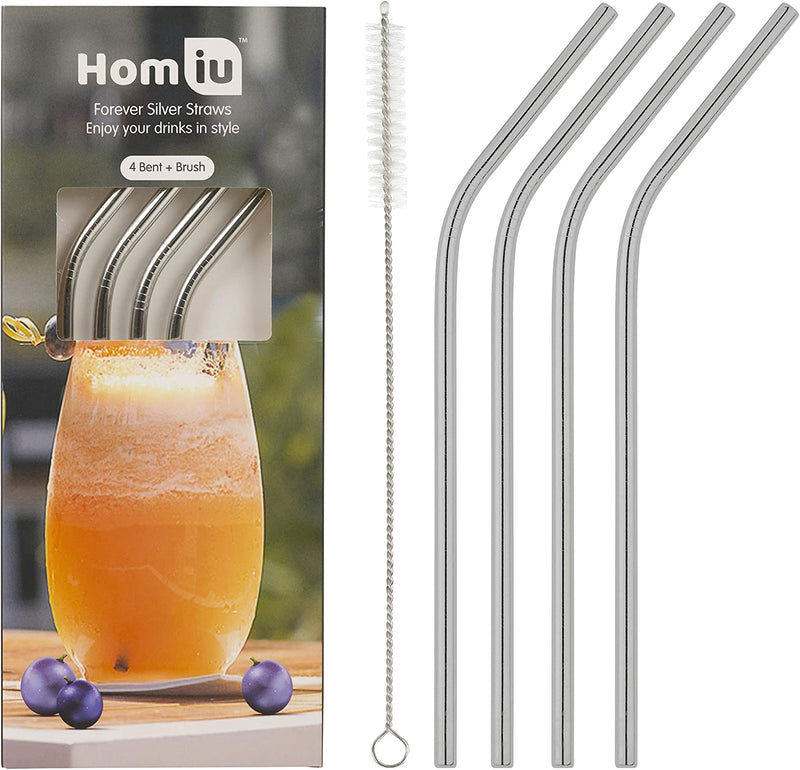 Homiu Stainless Steel Drinking Straws Set of 4 with Cleaning Brush Reusable Washable