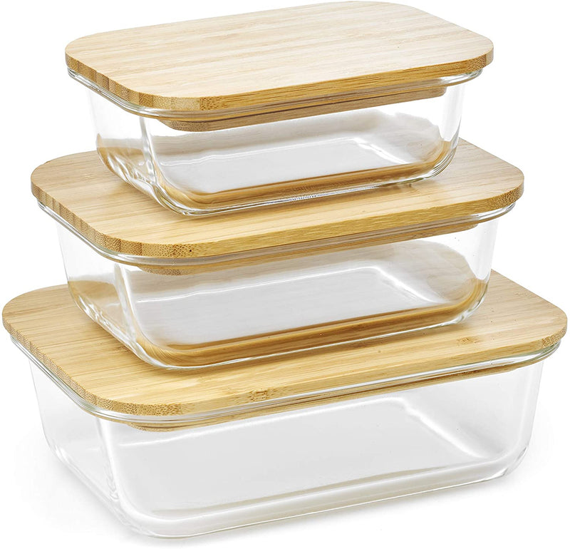 Homiu 3-Piece Rectangle Glass Containers with Bamboo Lids Airtight Leakproof