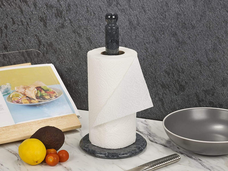 Homiu Paper Towel Holder Marble Black or White Kitchen Roll Stand Freestanding (Black)