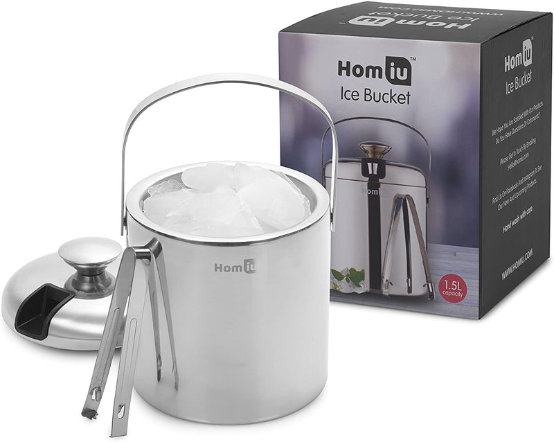 Homiu Ice Bucket with Lid and Tongs Stainless Steel Double Wall 1.5 Litre Container Cube Thick Pail with Tweezers