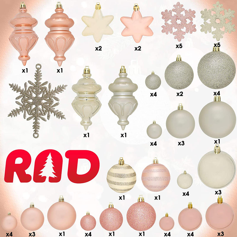 RN'D Christmas Snowflake Ball Ornaments - Christmas Hanging Snowflake and Ball Ornament Assortment Set with Hooks - 76 Ornaments and Hooks (Yellow & Rose Gold)