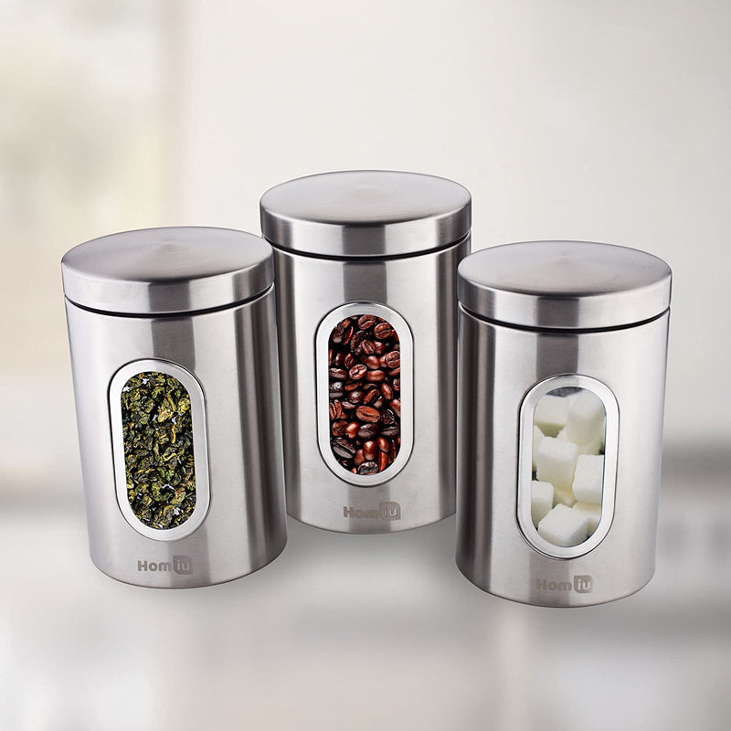 Homiu Tea Coffee Sugar Canisters | Stainless Steel Set of 3 | Secure Airtight Lids & Viewing Window