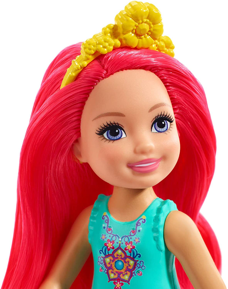 Barbie Chelsea Fantasy Doll Flowers With red hair ,A yellow headpiece, Skirt with floral print