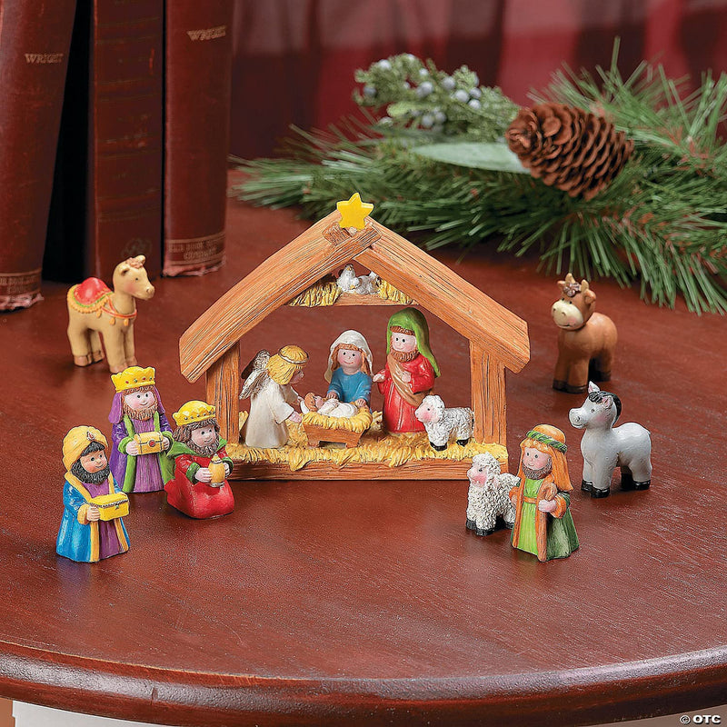 Fun Express Mini Christmas Nativity Set Stable with Jesus Mary Joseph Wisemen - 9 Pieces Red, Blue, Green, Beige, Brown