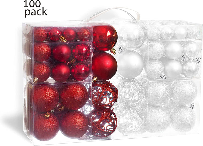 R N' D Toys 100 Red and White Christmas Ornament Balls Shatterproof + 100 Metal Ornament Hooks, Hanging Ornaments for Indoor/Outdoor Christmas Tree, Holiday Party, Home Décor