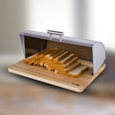 Homiu Roll Top Bread Bin Stainless Steel Elegant With Wooden Surface Silver Food