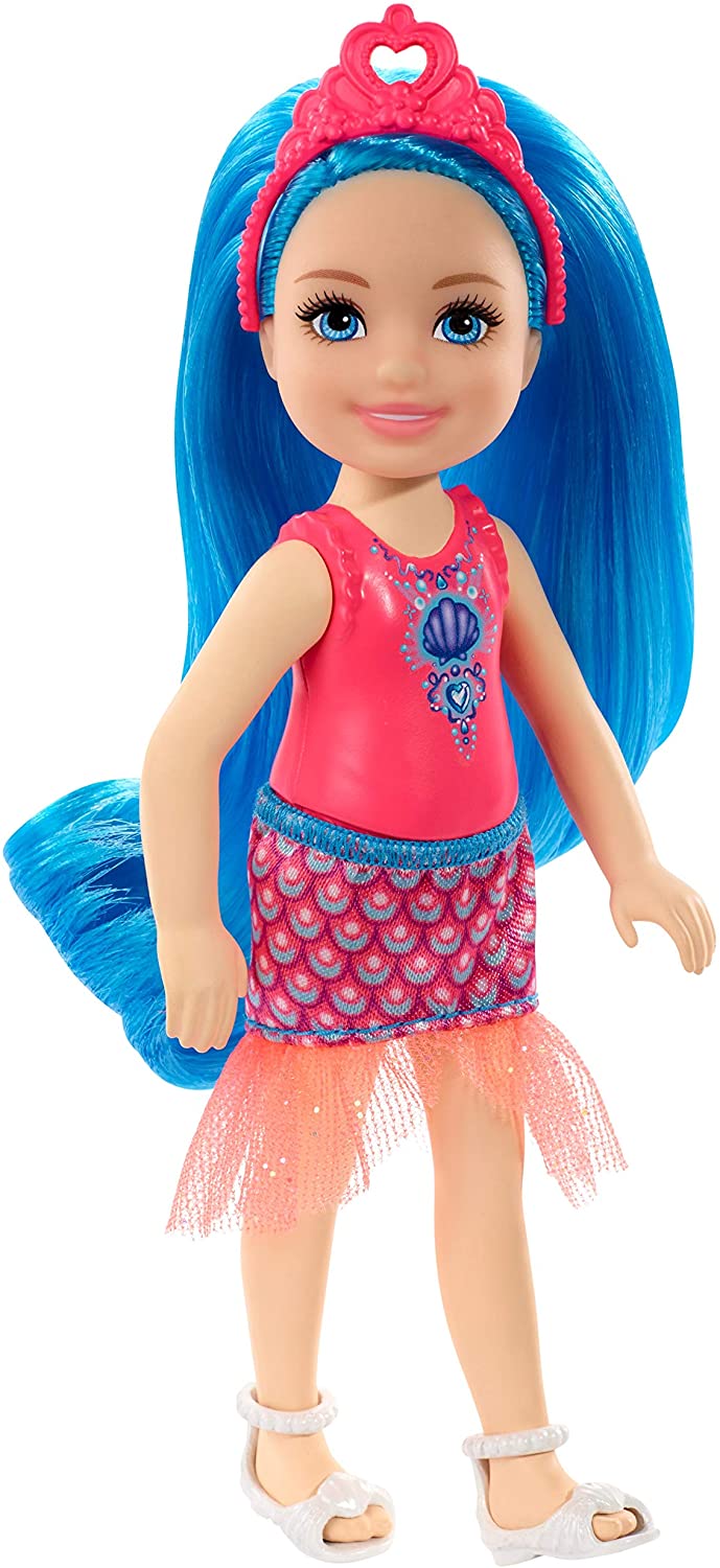Barbie dreamtopia Chelsea Sprite- Doll with blue hair, pink headpiece, seashell-themed bodice New