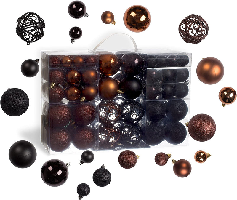 R N' D Toys 100 Brown and Black Christmas Ornament Balls Shatterproof+ 100 Metal Ornament Hooks, Hanging Ornaments for Indoor/Outdoor Christmas Tree, Holiday Party, Home Décor