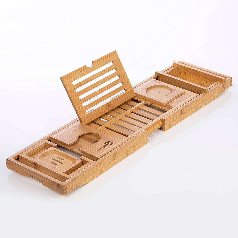 Homiu Bamboo Extendable Bath Caddy Premium Wooden Bathtub Tray