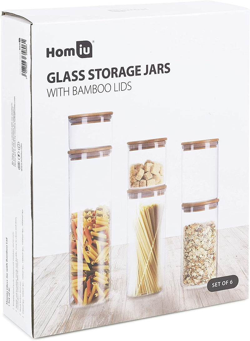 Homiu Food Storage Containers with Airtight Bamboo Lids Glass Set of 6 Jars