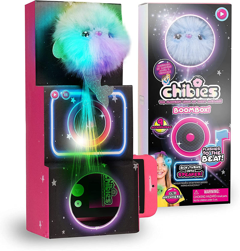 CHIBIES Boom Box - Moonlight | Cute Fluffy Party Pets That Flash to the Beat of Music | Interactive Animal Soft Toy Characters