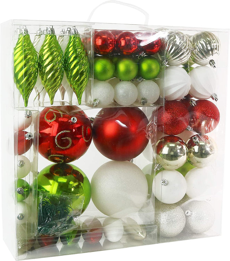 R N' D Toys RN'D Christmas Decorative Ball Ornaments - Red and Green Christmas Ball Hanging Tree Ornament Set Assorted Shapes and Sizes with Hooks - 75 Piece Set