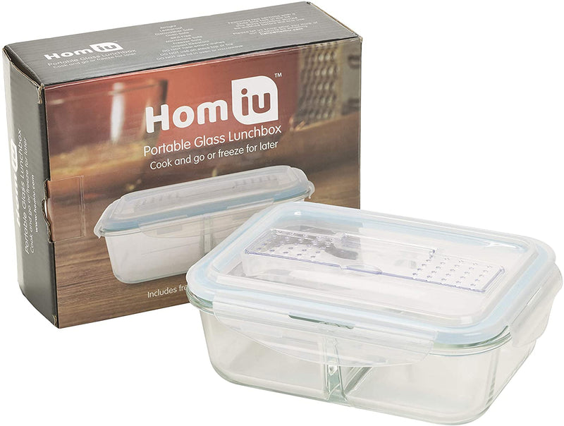 Homiu Glass Food Storage Container 2 Compartments with Lid Includes Knife Fork and Spoon Impact Resistant Airtight Leak-Proof