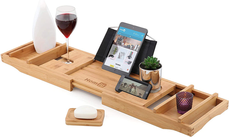 Homiu Bamboo Bath Caddy With Book Rest, Wine Glass, Smartphone Support Holders