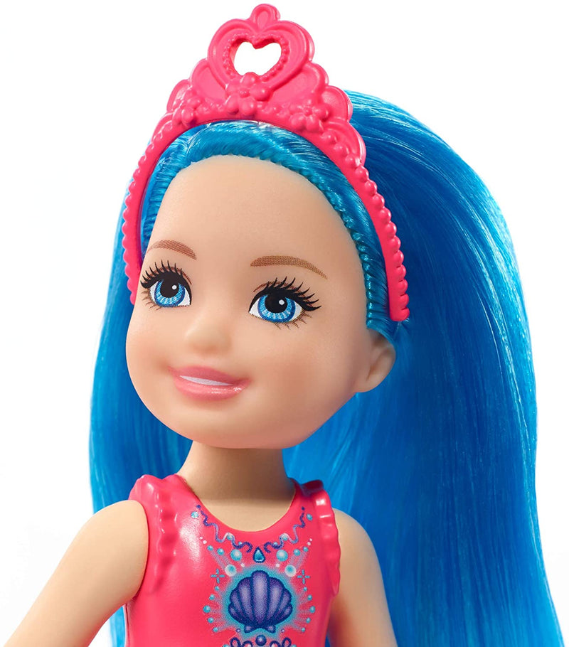 Barbie dreamtopia Chelsea Sprite- Doll with blue hair, pink headpiece, seashell-themed bodice New