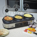 Homiu Triple Slow Cooker, 3 Individual Heat Pots, Easy Clean, Non Stick, Temperature Control 3 Settings Low Medium High 300W Power, Ceramic Silver