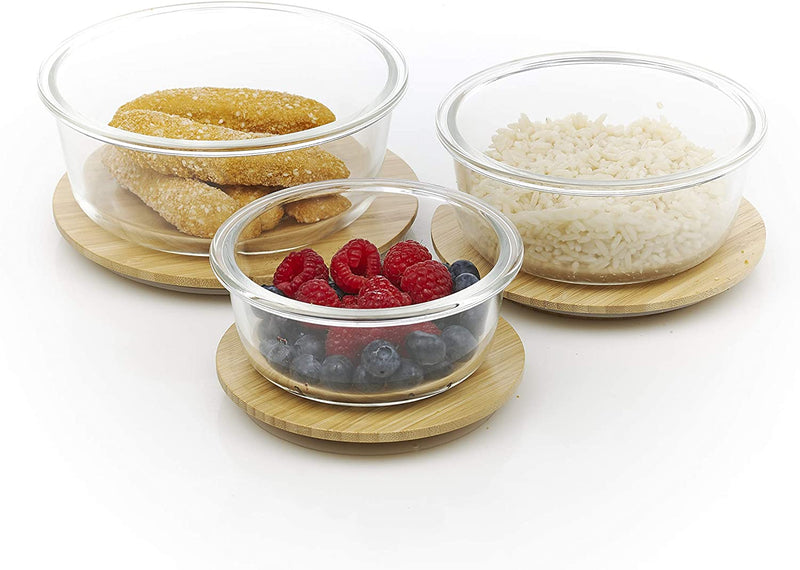 HOMIU 3PCE GLASS CONTAINERS WITH FLAT BAMBOO LIDS (Round Set)
