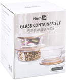 HOMIU 3PCE GLASS CONTAINERS WITH FLAT BAMBOO LIDS (Round Set)