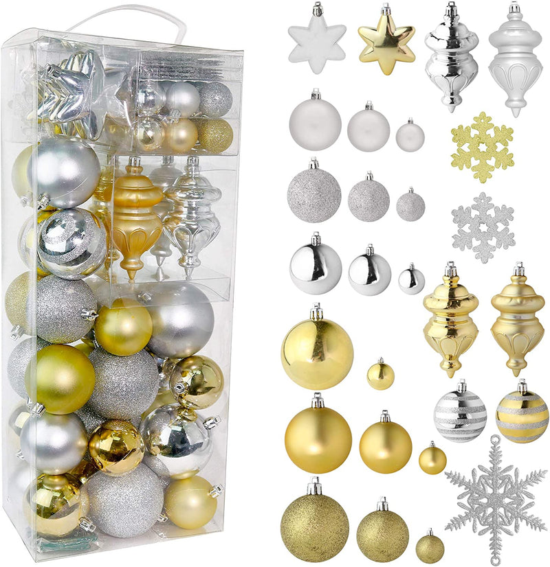 RN'D Christmas Snowflake Ball Ornaments - Christmas Hanging Silver and Gold Snowflake and Ball Ornament Assortment Set with Hooks