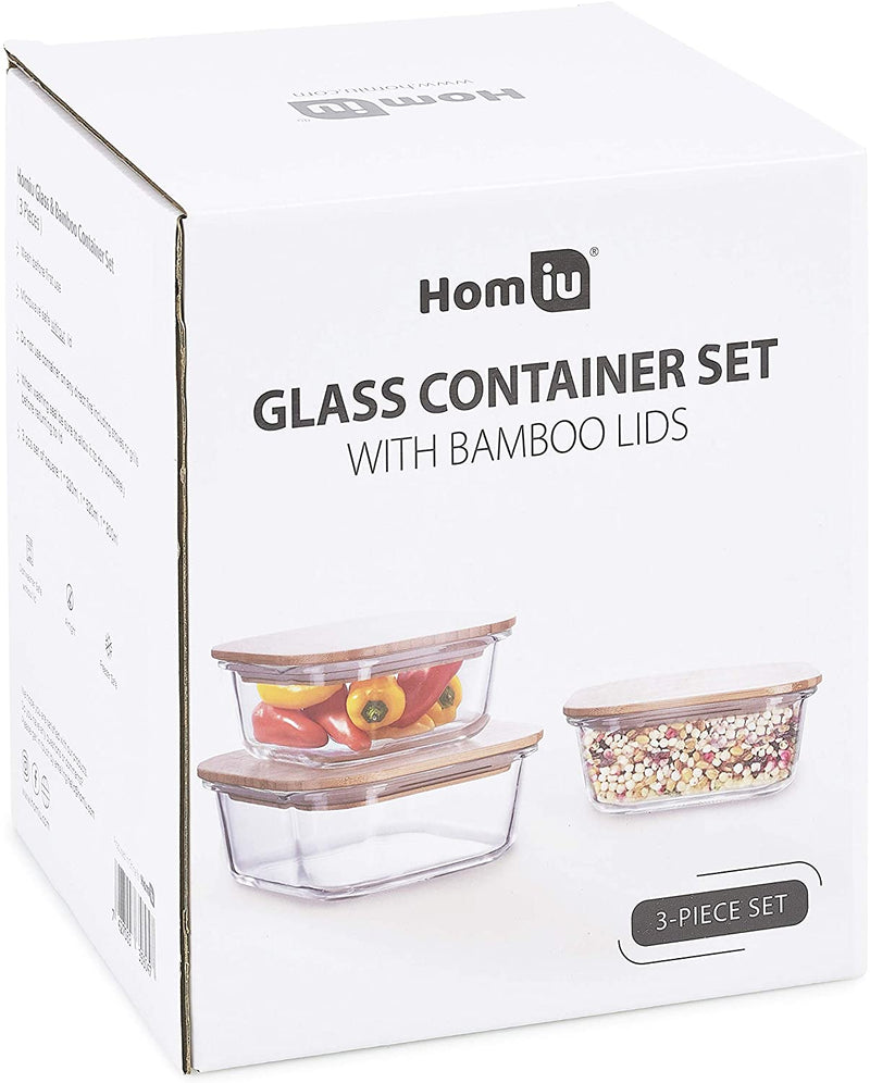 Homiu 3-Piece Square Glass Food Containers with Bamboo Lids Airtight Leakproof