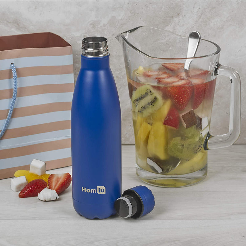 Homiu Water Bottle Vacuum Insulated Flask Ultimate Hot and Cold Double Walled Stainless Steel (Blue, 500ml)