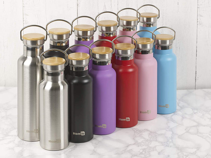 Homiu Water Bottle with Carrying Handle Insulated Double Walled Hot or Cold Stainless Steel Vacuum Flask Reusable (Purple, 750 ml)