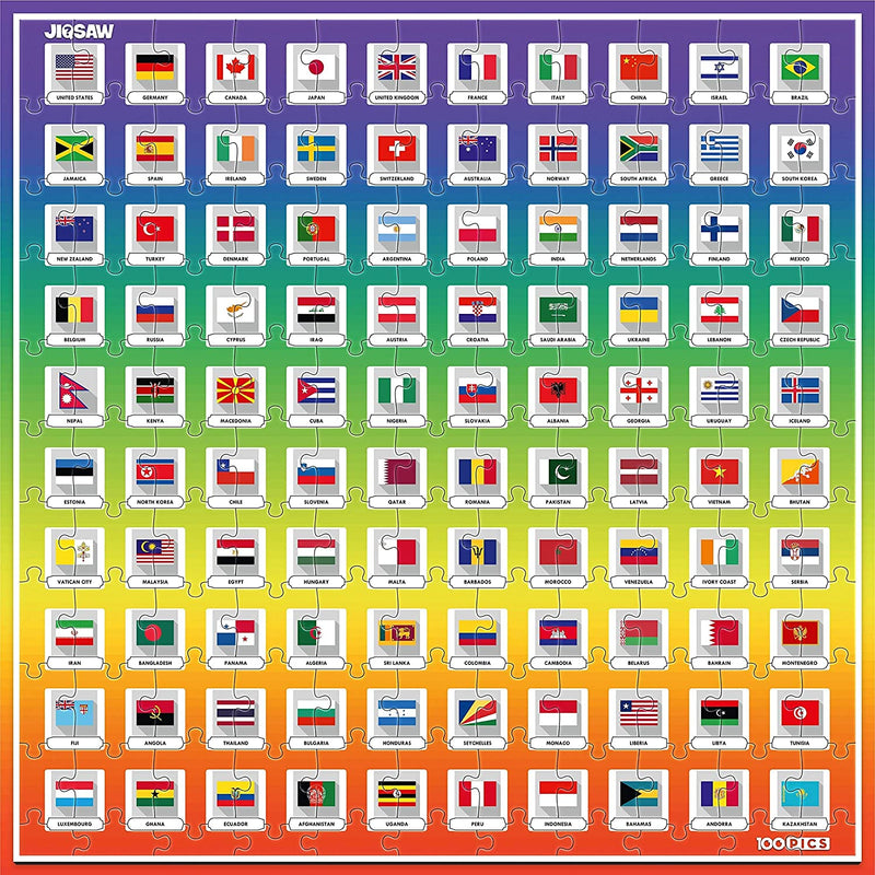 100 PICS Flags Jigsaw Quiz | Family Puzzle + Fun Quiz | 1-8 Players | Large Table Game | 45 Minutes Playing Time