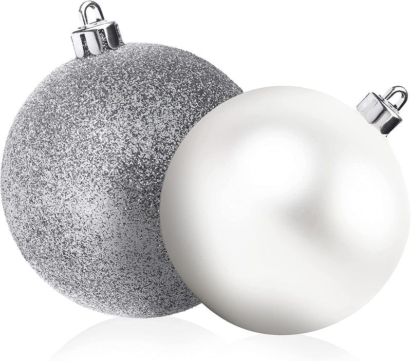 R N' D Toys 100 Silver and White Christmas Ornament Balls Shatterproof + 100 Metal Ornament Hooks, Hanging Ornaments for Indoor/Outdoor Christmas Tree, Holiday Party, Home Décor