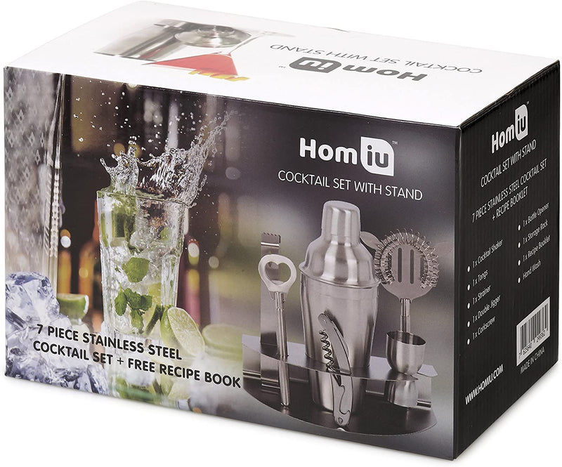 Homiu Deluxe Cocktail Stainless Steel Bar Gift 8 Piece Set with Elegant Table Stand