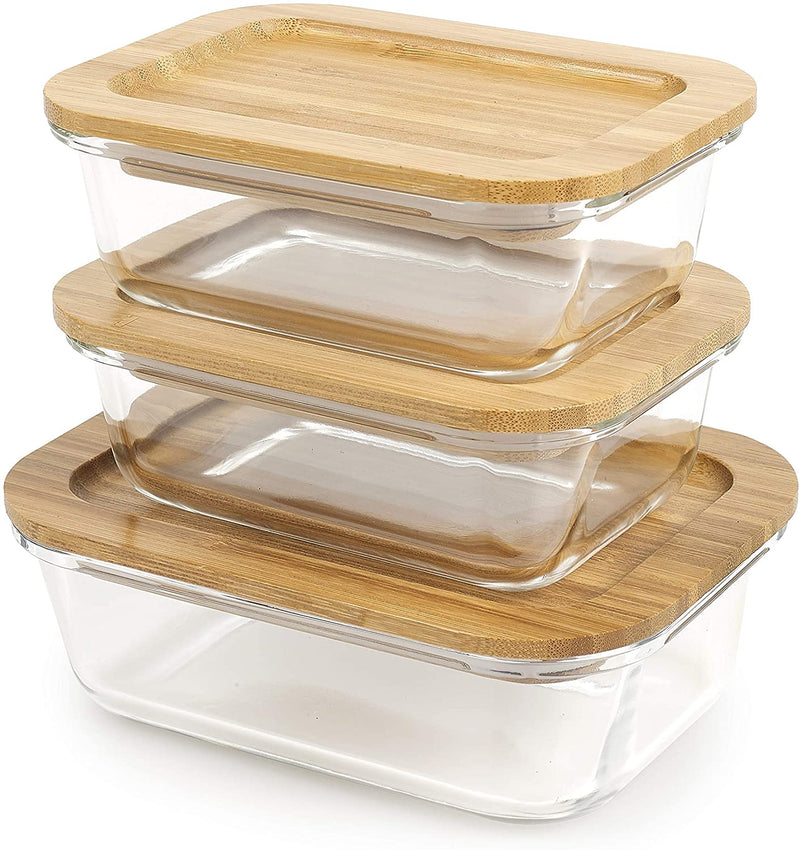 Homiu Glass Food/Storage Container with Bamboo Lids Airtight Leakproof Rectangle