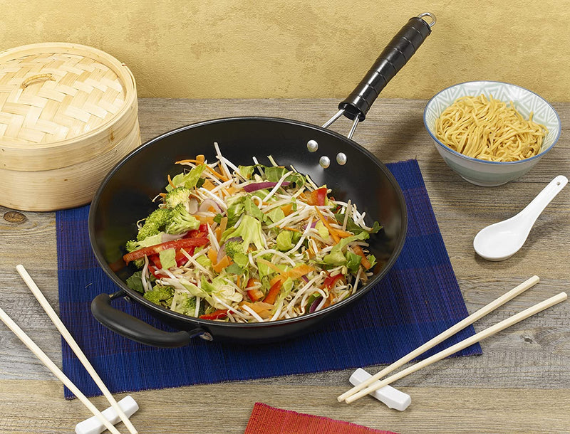 Homiu Wok Traditional 2-Handle Design Non-Stick Big Pan, Bakelite Handle and Carbon Steel Perfect for Stir Fry 30cm