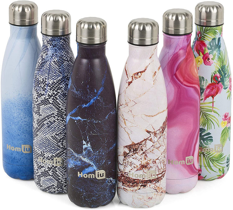 Homiu Water Bottle Print Design Insulated Double Walled Hot or Cold Stainless Steel Vacuum Flask Reusable (Pink Swirl 500ml)