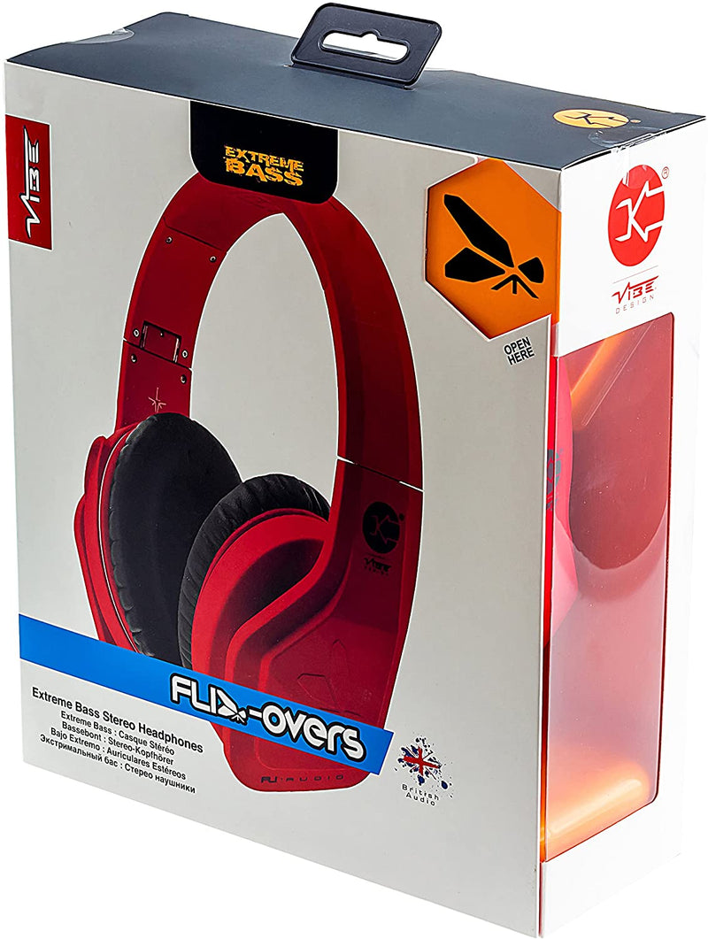 Vibe FLI Over-Ear Foldable Headphones with In-Line Microphone - Red