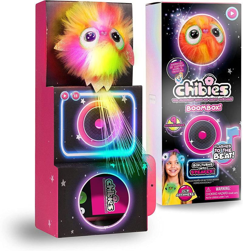 CHIBIES Boom Box - Sparkle | Cute Fluffy Party Pets That Flash to the Beat of Music | Interactive Animal Soft Toy Characters