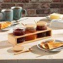 Homiu Spice Jar Set Round 3 Pack Clear Frosted Glass Pots with Bamboo Lids, Spoons and Stand