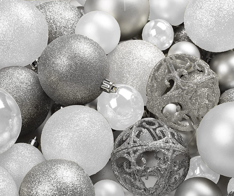 R N' D Toys 100 Silver and White Christmas Ornament Balls Shatterproof + 100 Metal Ornament Hooks, Hanging Ornaments for Indoor/Outdoor Christmas Tree, Holiday Party, Home Décor