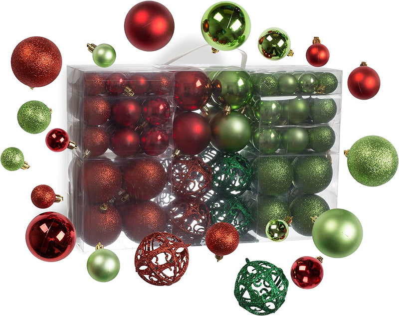 R N' D Toys 100 Red and Green Christmas Ornament Balls Shatterproof + 100 Metal Ornament Hooks, Hanging Ornaments for Indoor/Oudoor Christmas Tree, Holiday Party, Home Decor