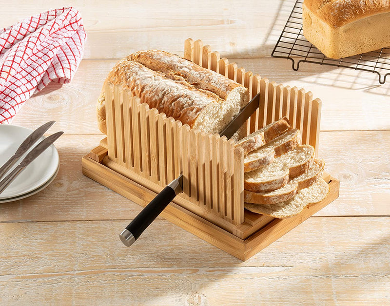 Homiu Bamboo Bread Cutter with Guide Foldable Loaf Slicer for Homemade Loaves, Cakes, Natural Bamboo Adjustable Thickness Design