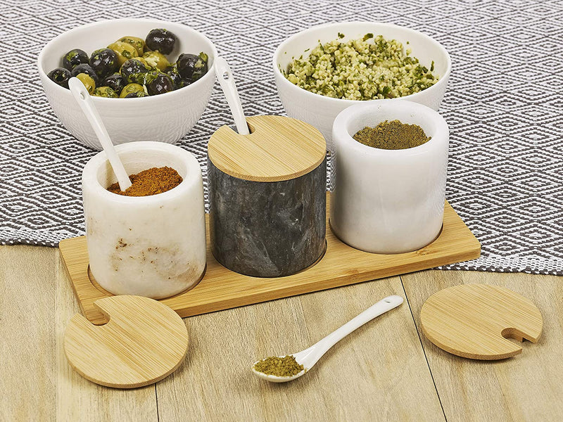 Homiu Spice Jar Set Round 3 Pack Black and Two White Marble Pots with Bamboo Lids Holder and Ceramic Spoons