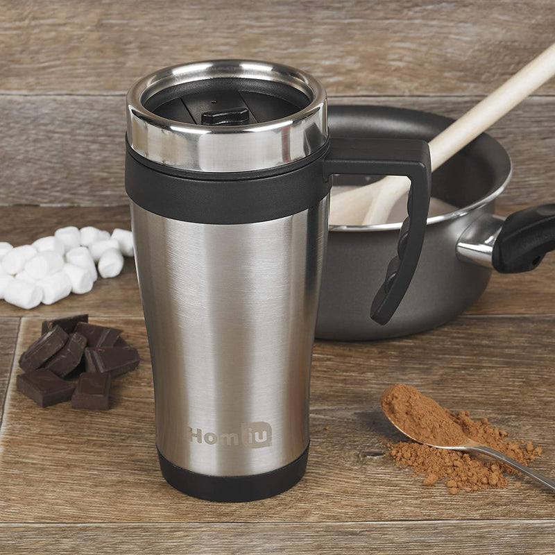 Homiu Travel Mug Vacuum Insulated Sleek Design (Brushed Steel 450ml)