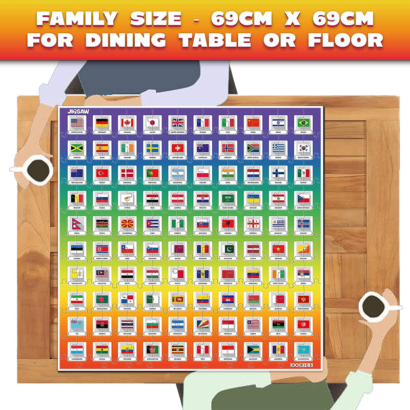 100 PICS Flags Jigsaw Quiz | Family Puzzle + Fun Quiz | 1-8 Players | Large Table Game | 45 Minutes Playing Time