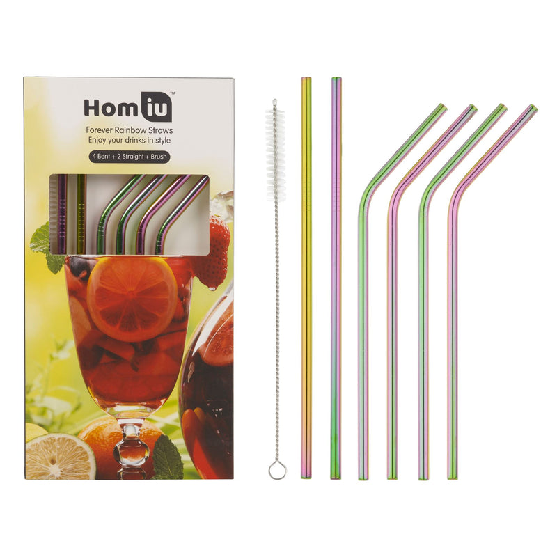 Homiu Forever Straws Includes Cleaning Brush Stainless Steel (Rainbow, 4 Bent + 2 Straight)