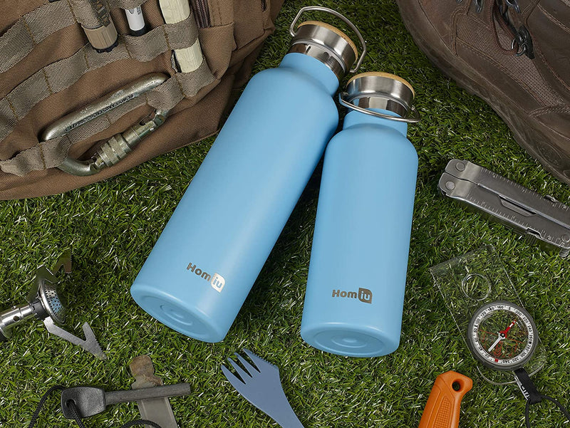 Homiu Water Bottle with Carrying Handle Insulated Double Walled Hot or Cold Stainless Steel Vacuum Flask Reusable (Blue, 500 ml)