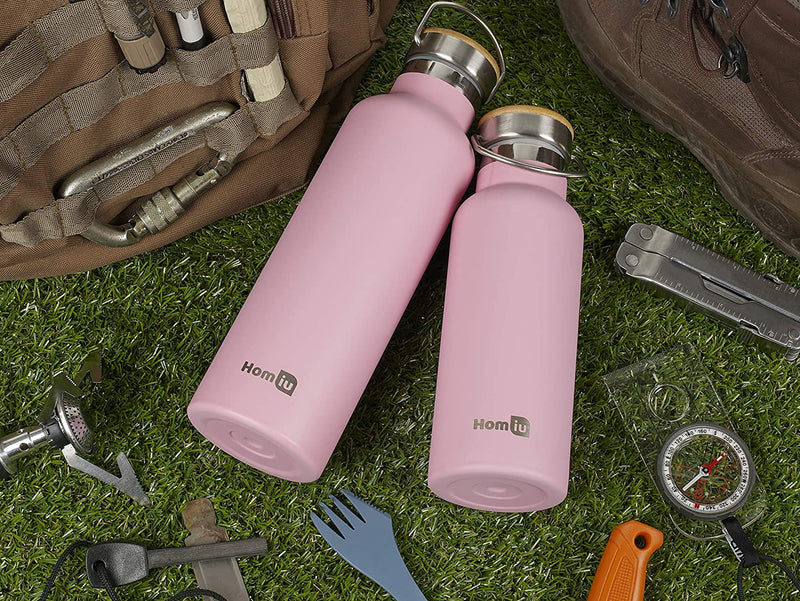 Homiu Water Bottle with Carrying Handle Insulated Double Walled Hot or Cold Stainless Steel Vacuum Flask Reusable (Pink, 500 ml)